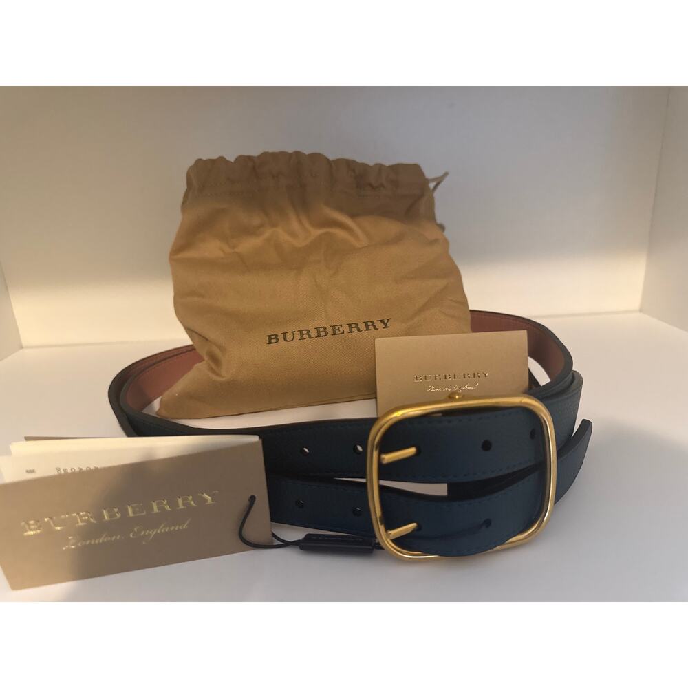 NWT Authentic Burberry Double Strap Leather Belt Gold Buckle Size 80 w/ Dust Bag - Picture 2 of 4